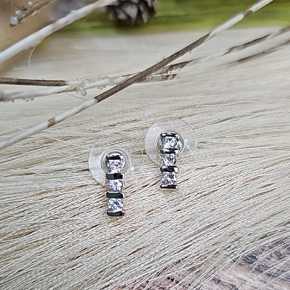 SILVER THREE ROW CZ STUD EARRINGS